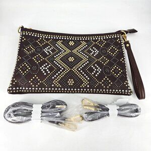 Studded Wristlet Clutch Purse Bag Brown Gold Silver Accents 2 Detach Straps 11x7